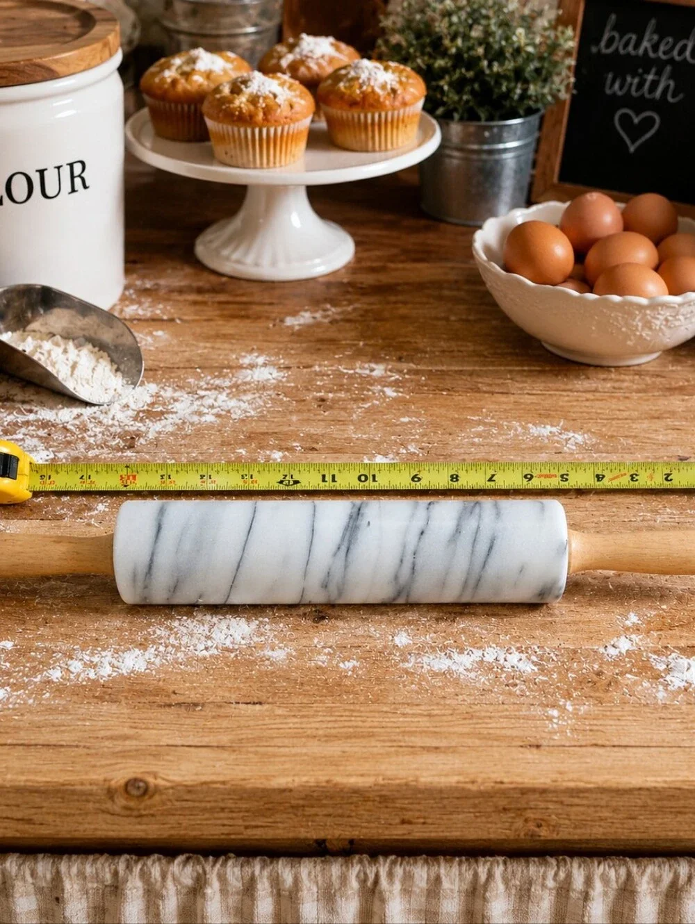 Marble Rolling Pin with Wood Handles - White Marble